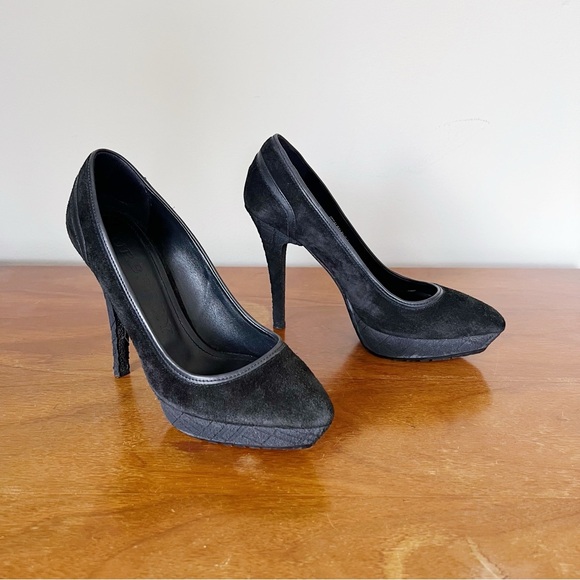 Burberry • black suede platform heels stiletto pumps point almond toe - Picture 1 of 11